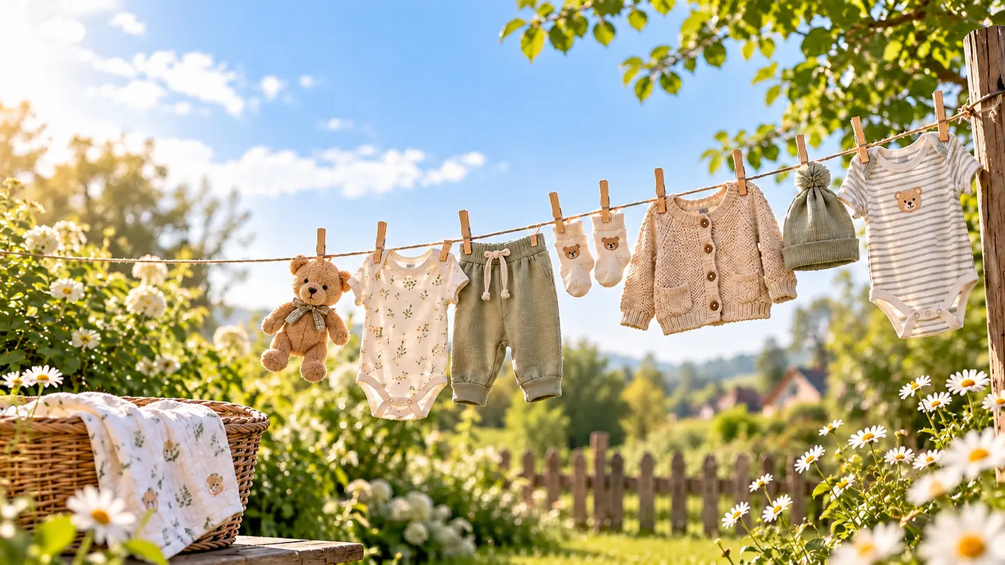 Baby clothes on a clothesline in a sunny garden