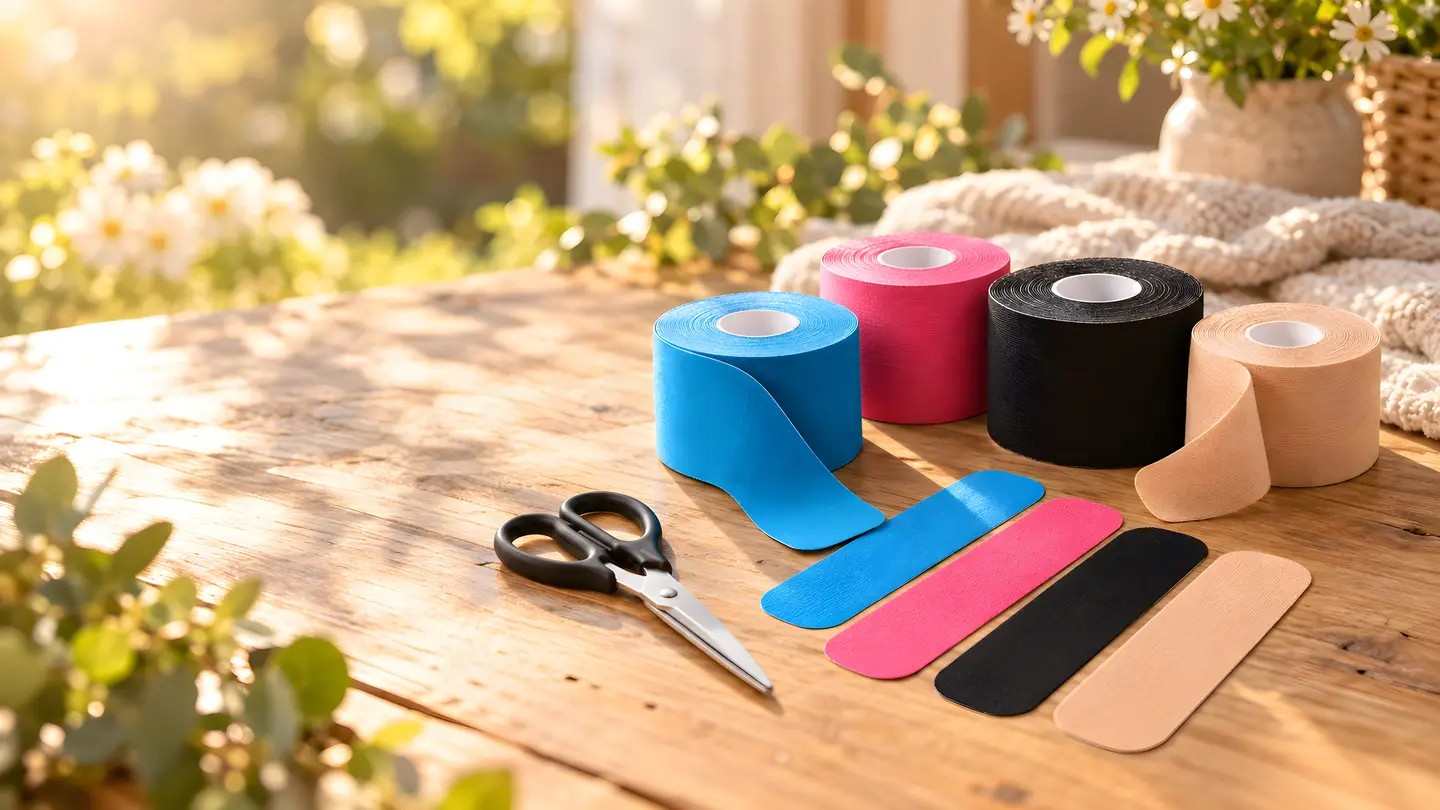 Colourful kinesiology tapes and scissors on a wooden table in warm sunlight