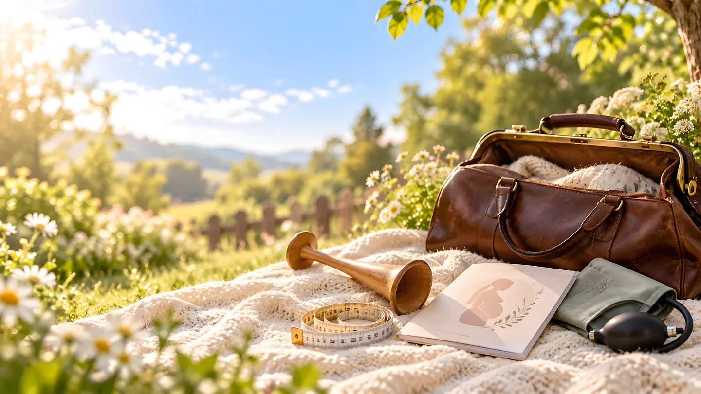 Midwife's bag with a Pinard horn, tape measure, maternity record and blood pressure monitor on a blanket in a sunny garden