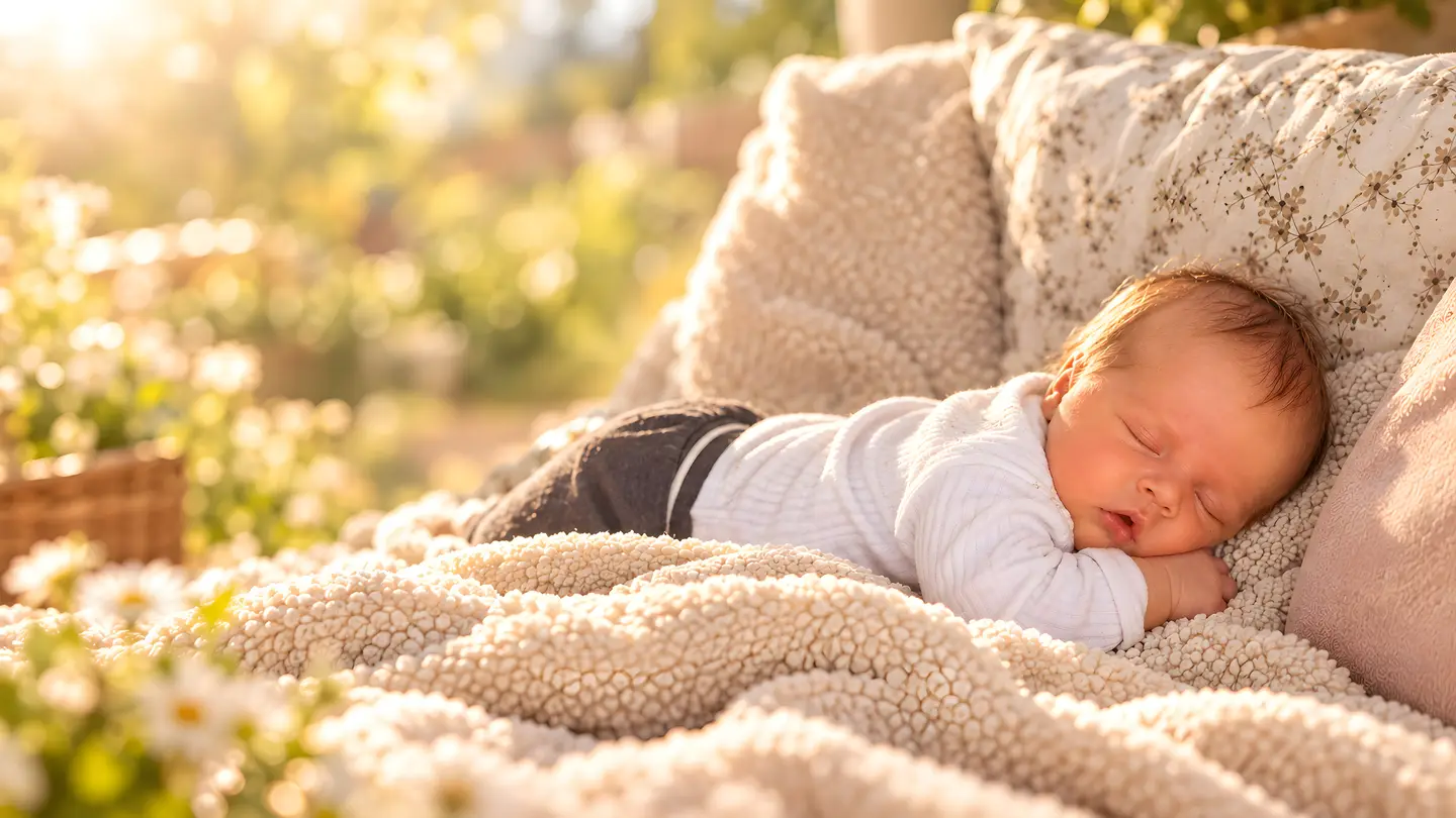 Newborn sleeping peacefully on a soft blanket in a sunny garden
